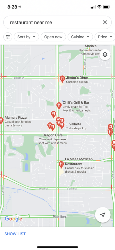 Screenshot of Google Maps Restaurants Near Me Search