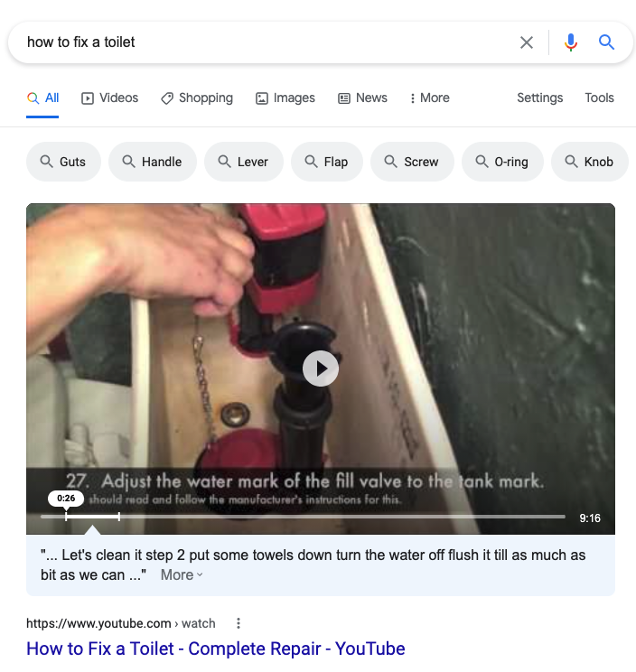 Snapshot of a YouTube Featured Snippet on Google