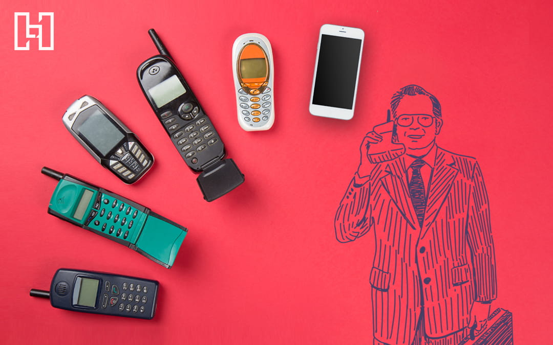 Featured graphic of outdated mobile phones and illustration of 80's businessman with oversized mobile phone
