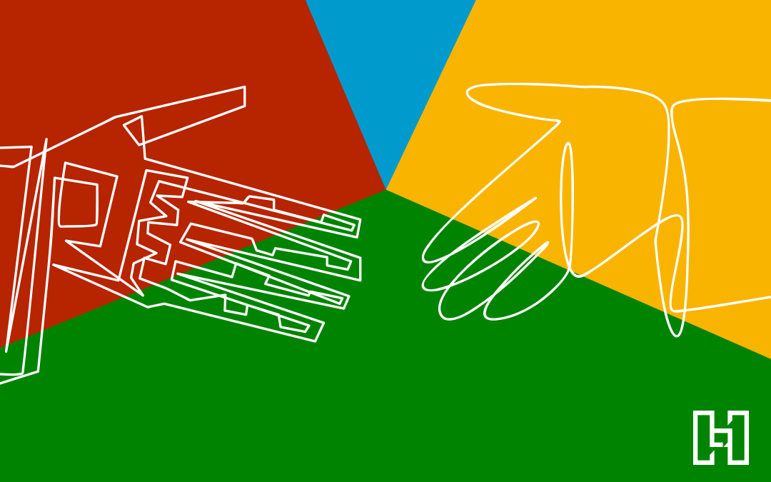 Two drawn hands meeting to shake hands on colorful background