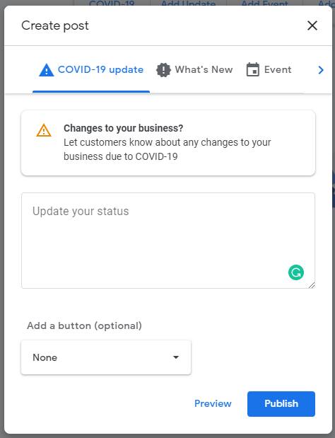 screenshot of Google My Business's new COVID-19 post type