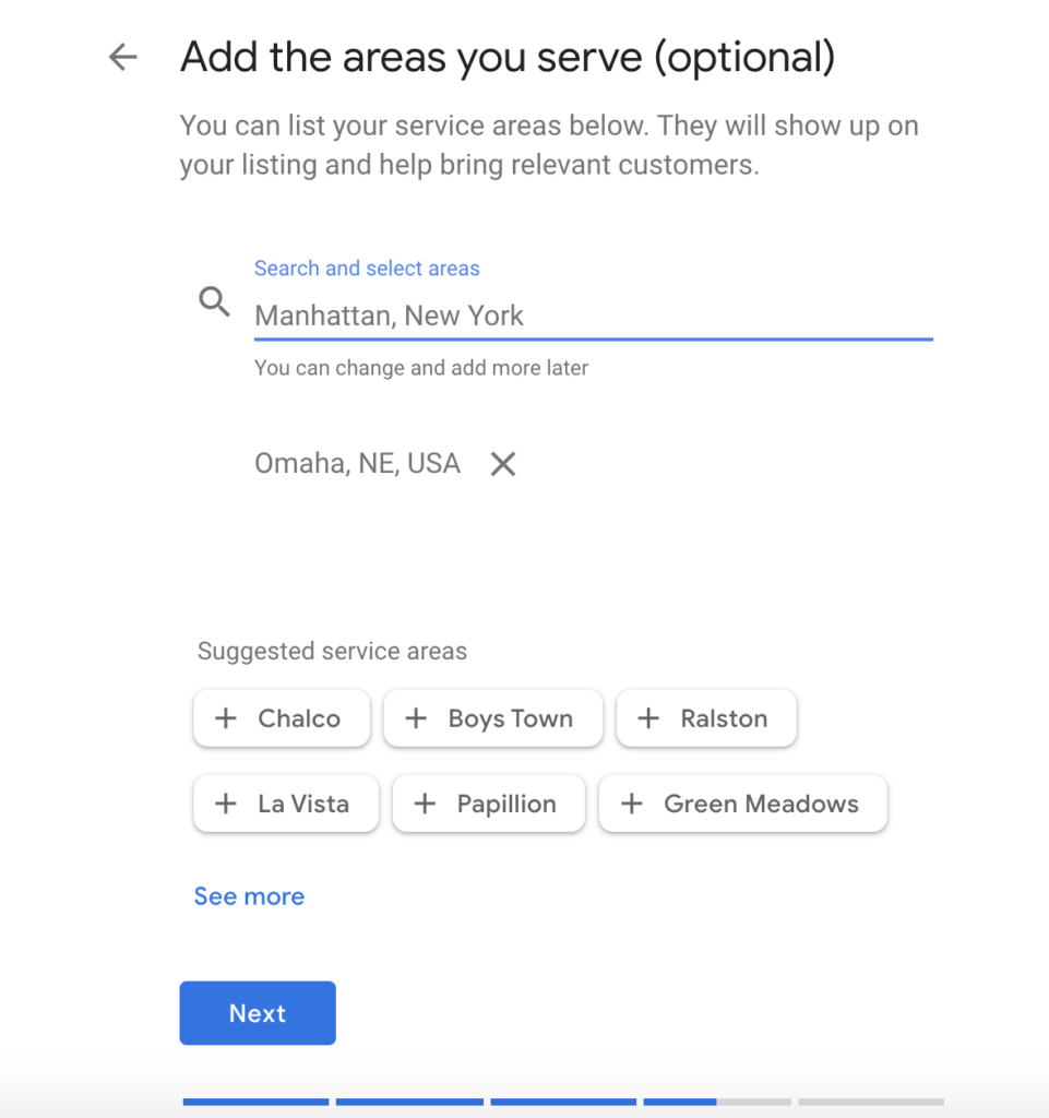Screenshot: Selecting Service Area