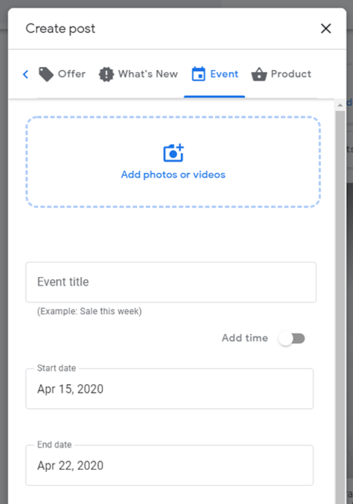 Event Type Post from Google My Business