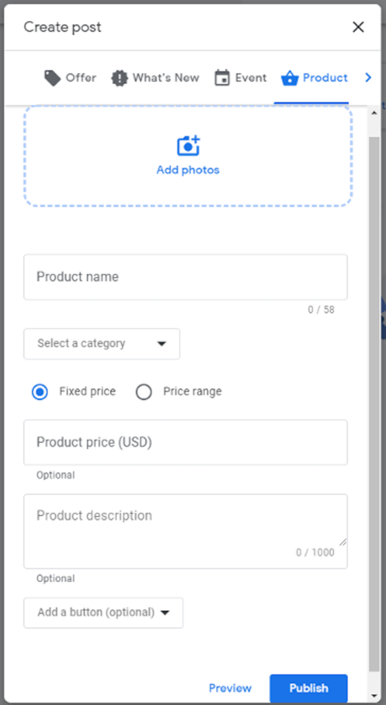 Product Post Type from Google My Business