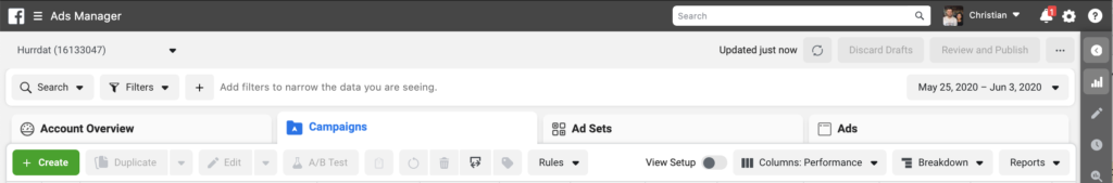 Screenshot of Facebook Ads Manager Campaign Tab