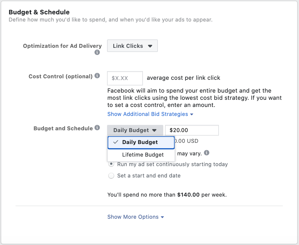 Screenshot of Facebook Ads Manager: Setting Up Budget Life Span
