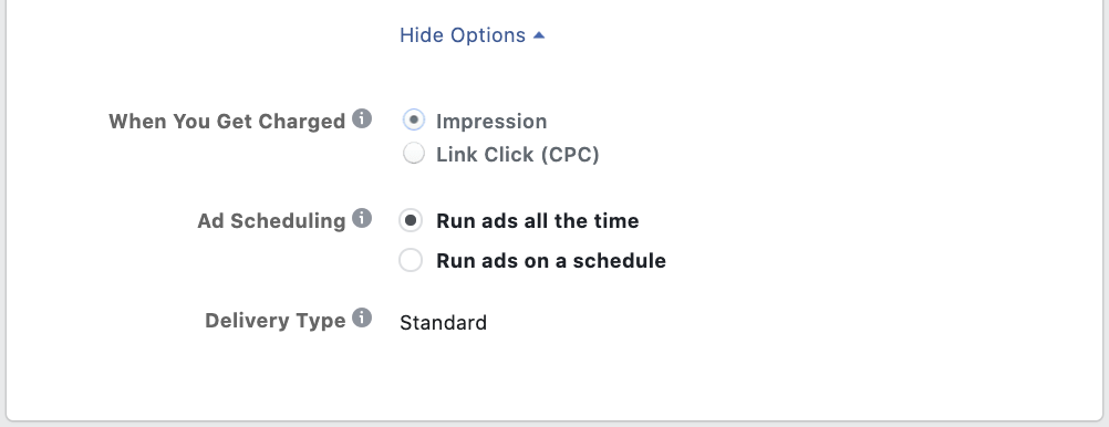 Screenshot of Facebook Ads Manager: Choosing How to Schedule Ads