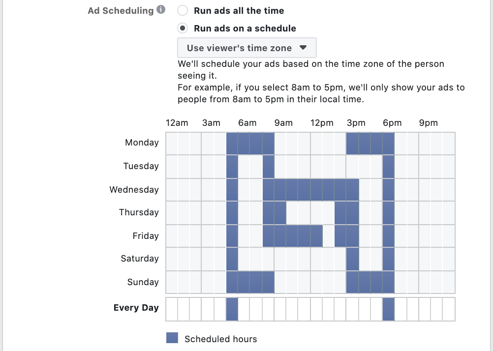 Screenshot of Facebook Ads Manager: Set Up a Manual Schedule