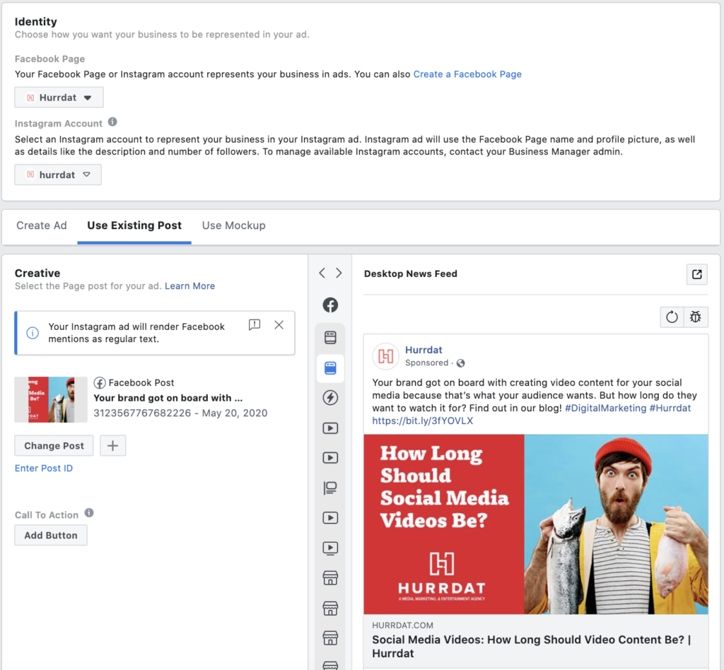 Screenshot of Facebook Ads Manager: Using an Existing Post as an Ad