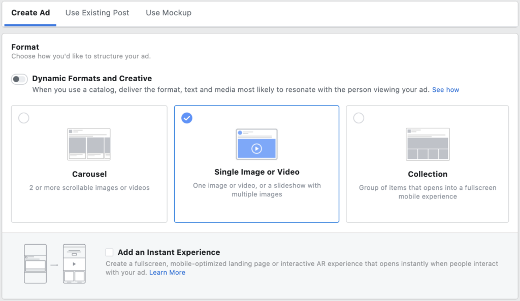 Screenshot of Facebook Ads Manager: Creating a New Ad with an Image or Video