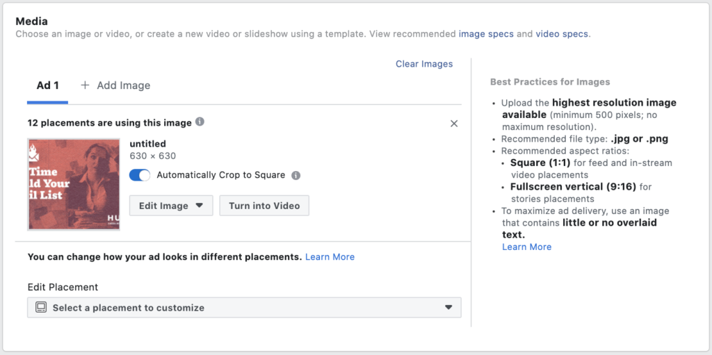 Screenshot of Facebook Ads Manager: Customize the Media Used
