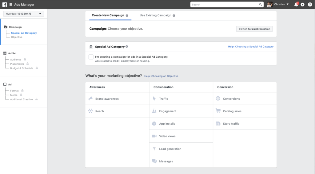 Screenshot of Facebook Ads Manager Create New Campaign
