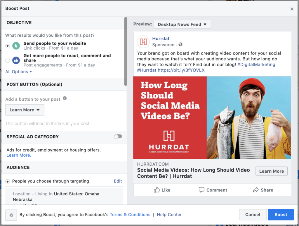 Screenshot of Facebook Ads Manager: Setting Objectives for Boosted Posts