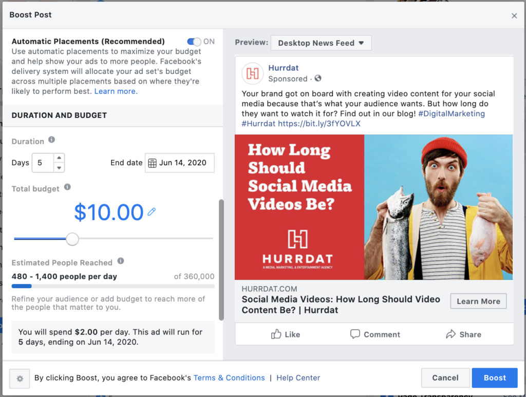 Screenshot of Facebook Ads Manager: Boost Post Budgets