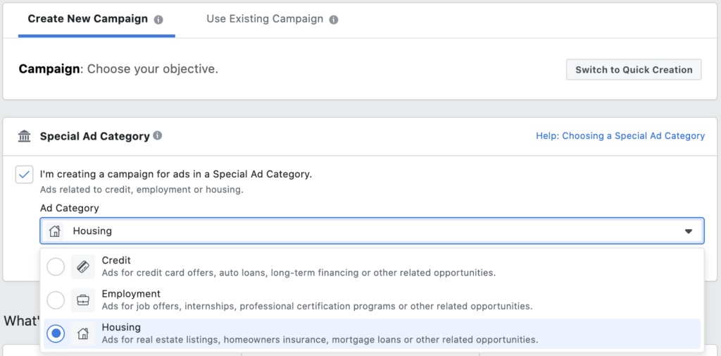 Screenshot of Facebook Ads Manager Special Ad Category