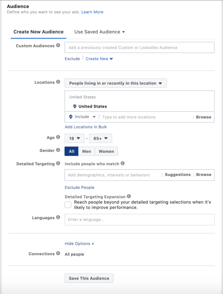 Screenshot of Facebook Ads Manager: Create New Audience