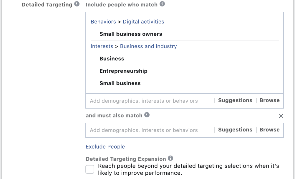 Screenshot of Facebook Ads Manager: Detailed Targeting
