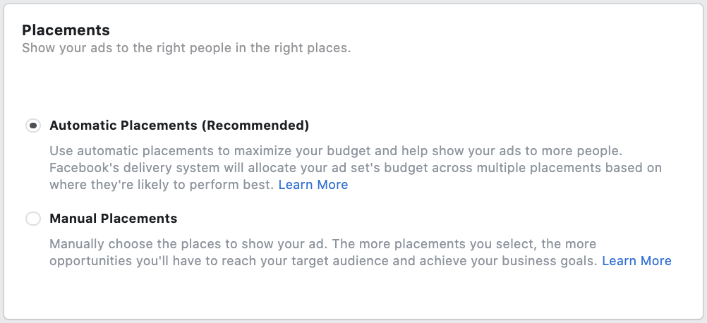 Screenshot of Facebook Ads Manager: Choose Ad Placements