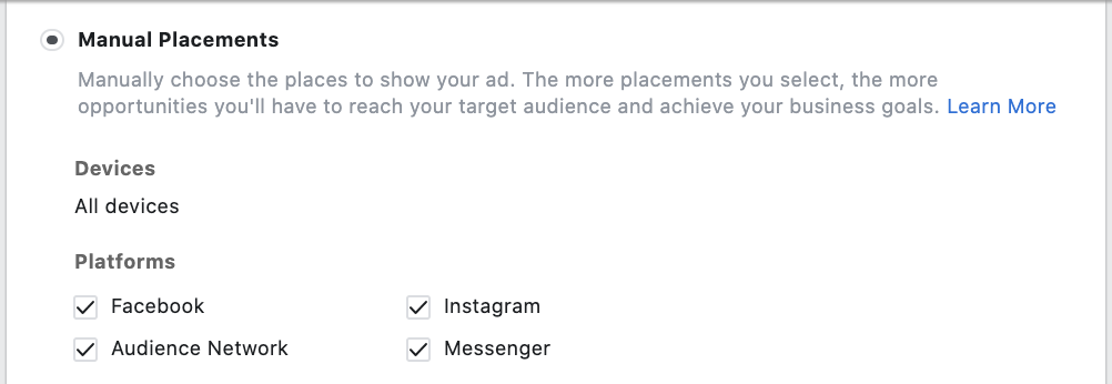 Screenshot of Facebook Ads Manager: Choosing Ad Placements Manually