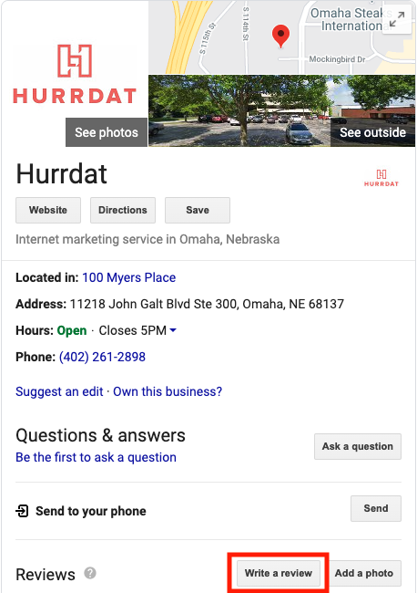 Screenshot of the Google Knowledge Graph of the business Hurrdat