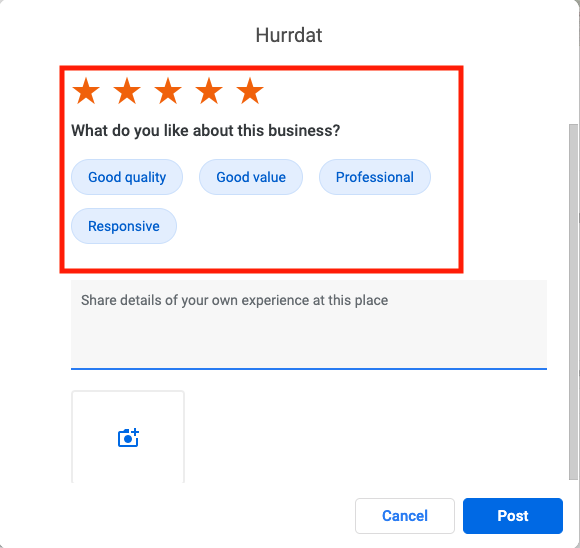Screenshot of Google Review Page with Stars and choices for how the business helped you