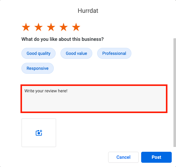 Screenshot of area where you can leave a Google Review for a business