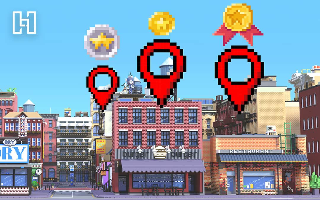 Gamefied Downtown Area with Google Maps Red Pins Above Businesses: Hurrdat Marketing