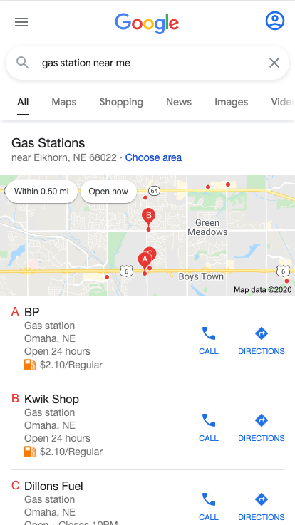 Screenshot of a Local Search Result Page on Google from a Mobile Phone