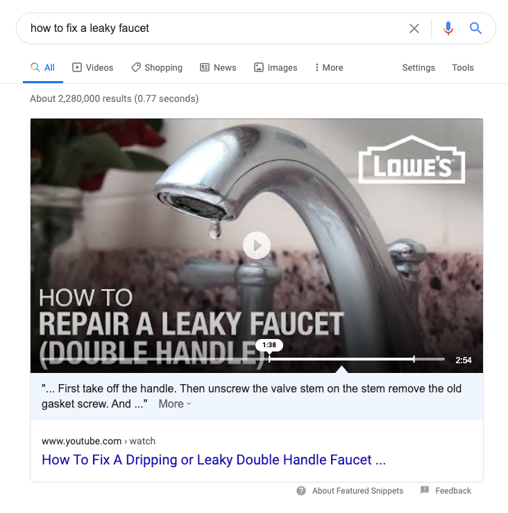 Screenshot of a Google Featured Snippet with a YouTube Video Embedded