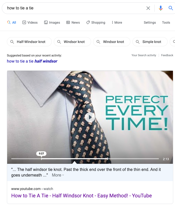 Screenshot of YouTube Video in Featured Snippet on Google