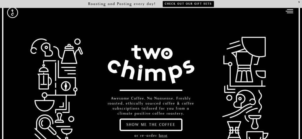 Screenshot Example of Dark Mode in Web Design from Two Chimps Coffee