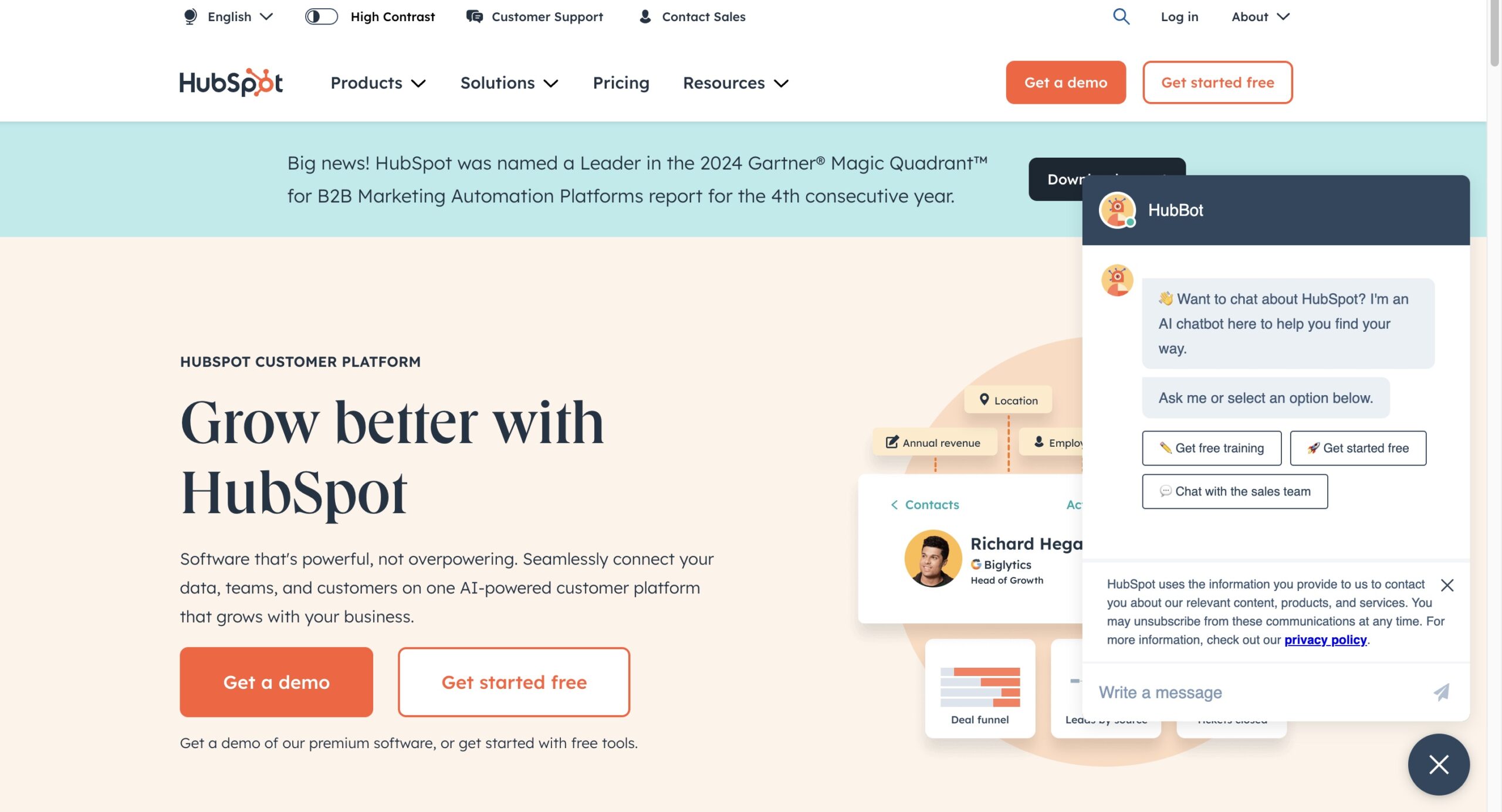 HubSpot website screenshot with chatbot, HubBot, pulled up showing AI web design trend example