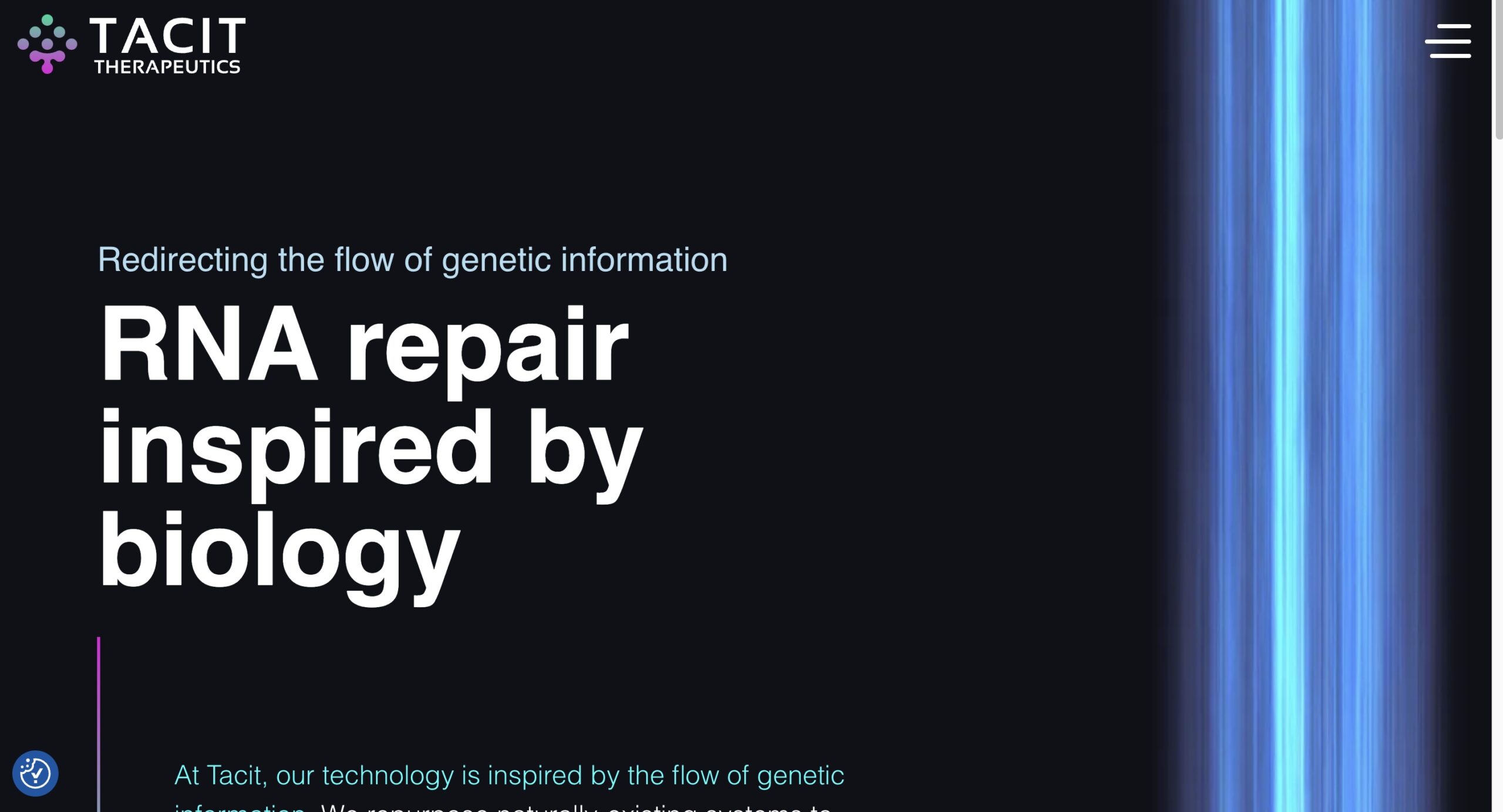 Screenshot of Tacit Therapeutics website on dark mode for web design trend example