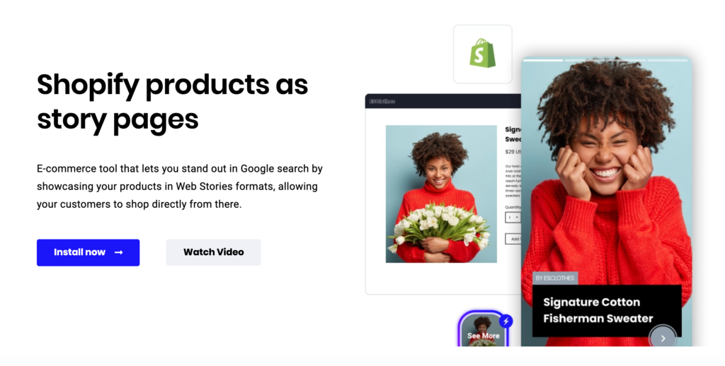 Screenshot of Home Page of Shopify ProductStories from Google Web Stories