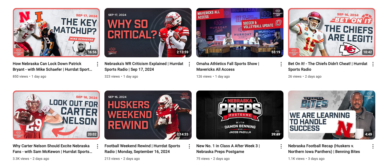 Screenshot of Hurrdat Sports YouTube channel with eight custom thumbnails on most recent videos