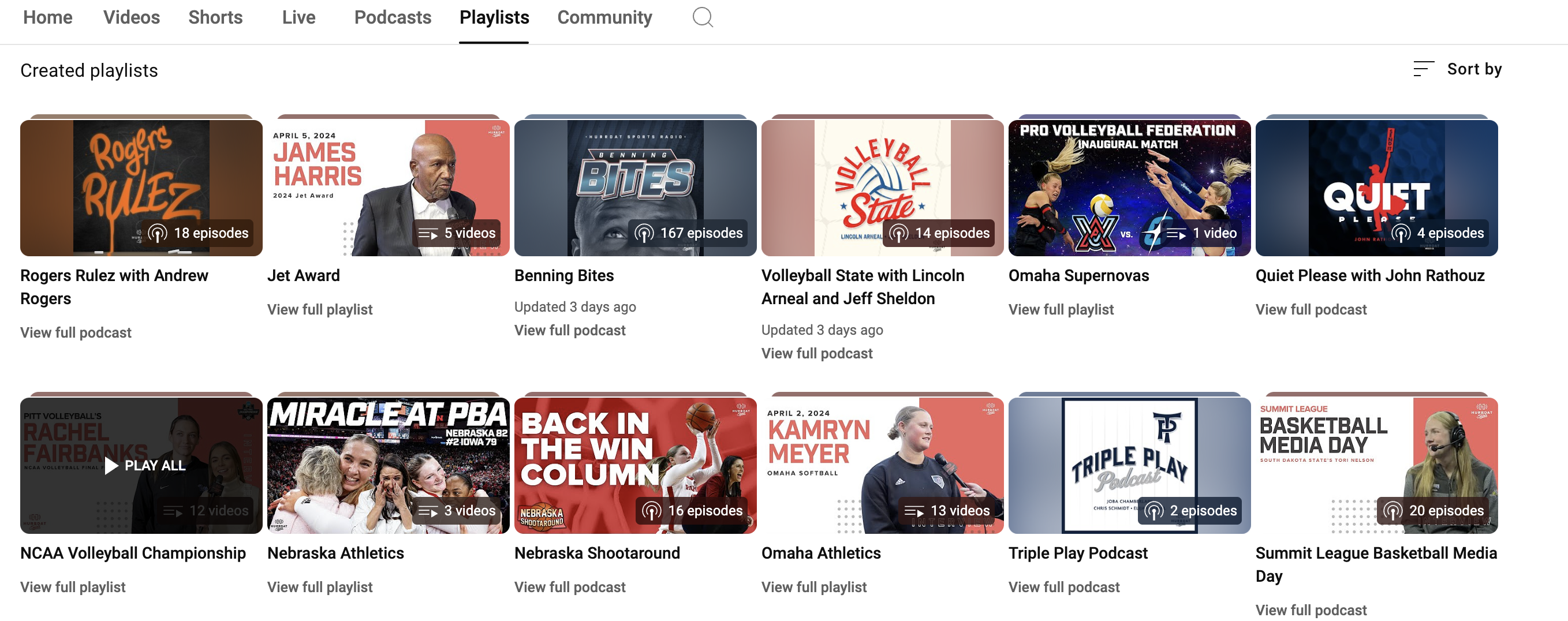 Screenshot of Hurrdat Sports YouTube playlists examples on desktop with playlists like Jet Award, Volleyball State with Lincoln Arneal and Jeff Sheldon, Omaha Supernovas, and more