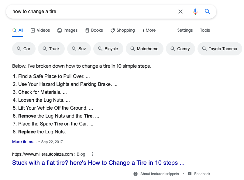 Screenshot of a Featured Snippet of How to Change a Tire