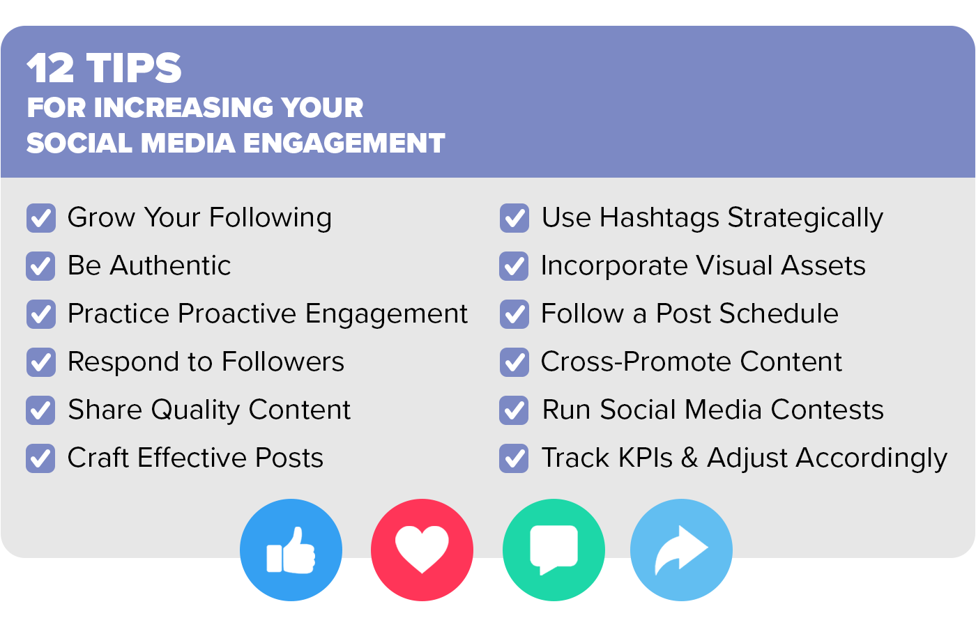 Mobile-friendly graphic that lists 12 tips for increasing a brand or freelancer's social media engagement