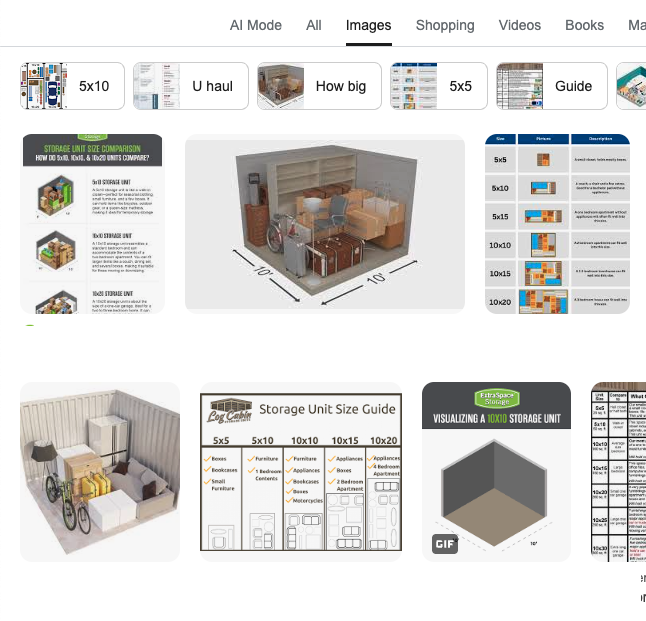 Google Image results for query "storage unit size guide" with Hurrdat's client infographic in top rankings