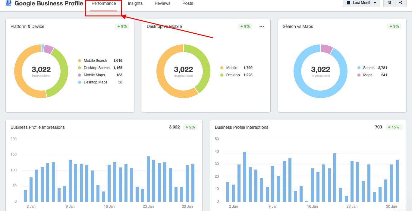 Screenshot of Google Business Profile reporting dashboard with red arrow pointing to circled performance tab 