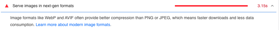 screenshot of Google best practices message titled "serve images in next-gen formats" with text "image formats like WebP and AVIF often provider better compression than PNG or JPEG, which means faster downloads and less data consumption."