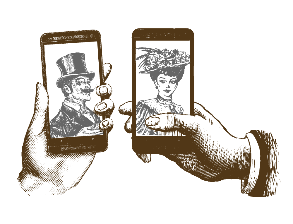 WebP sketch illustration of two hands holding mobile phones, one with a man in a top hat and suit, the other with a woman wearing a feathered hat and smocked dress