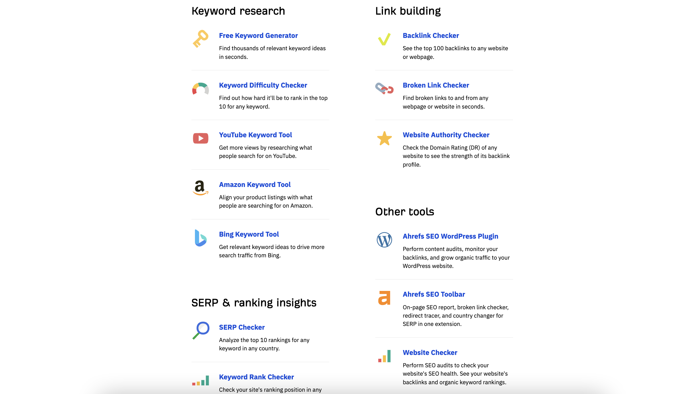 Screenshot of Ahrefs suite of keyword research, link building, SERP & ranking insights, and other free SEO tools