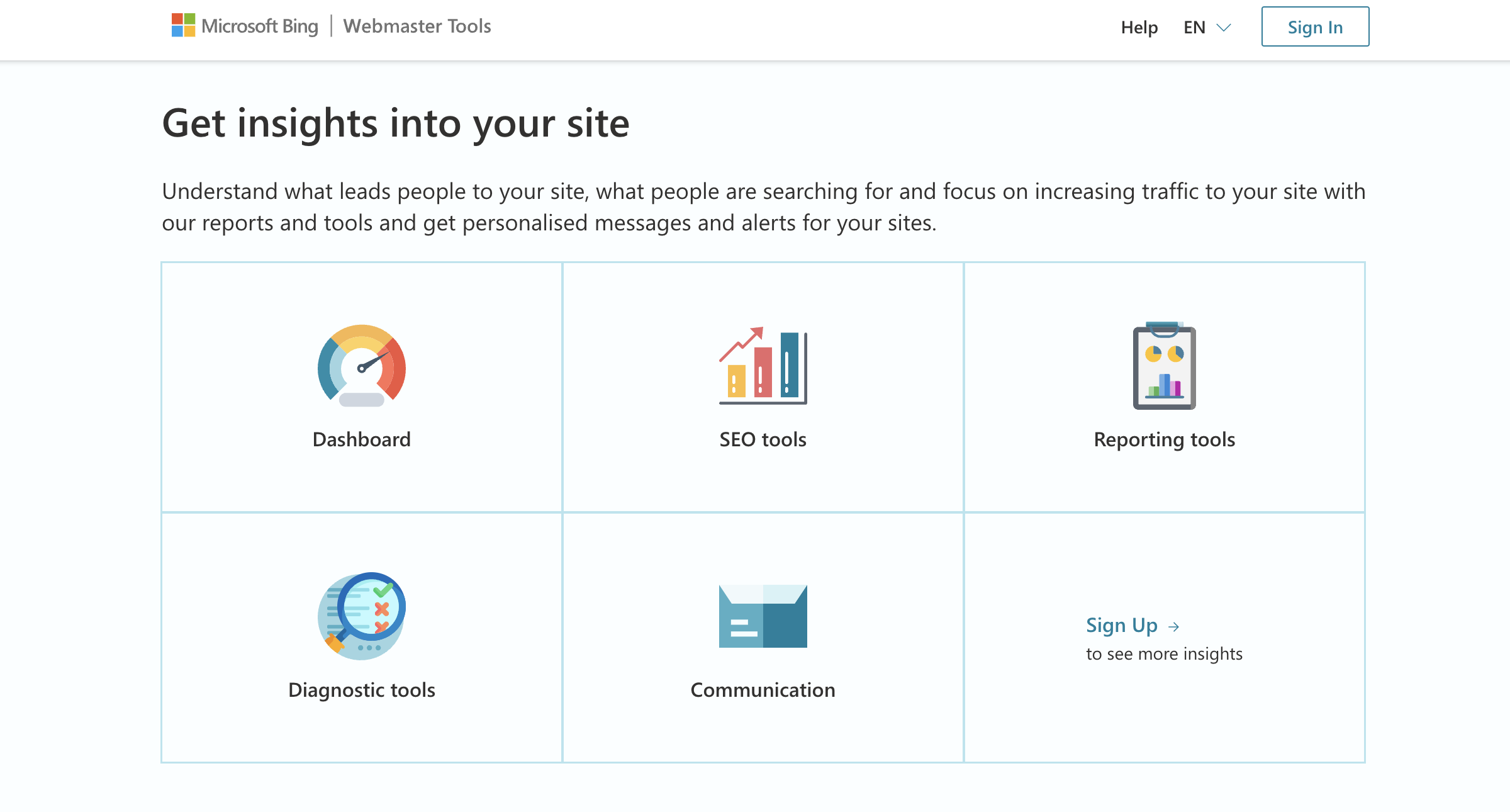 Screenshot of Bing Webmaster Tools dashboard, SEO tools, reporting tools, and diagnostic tools