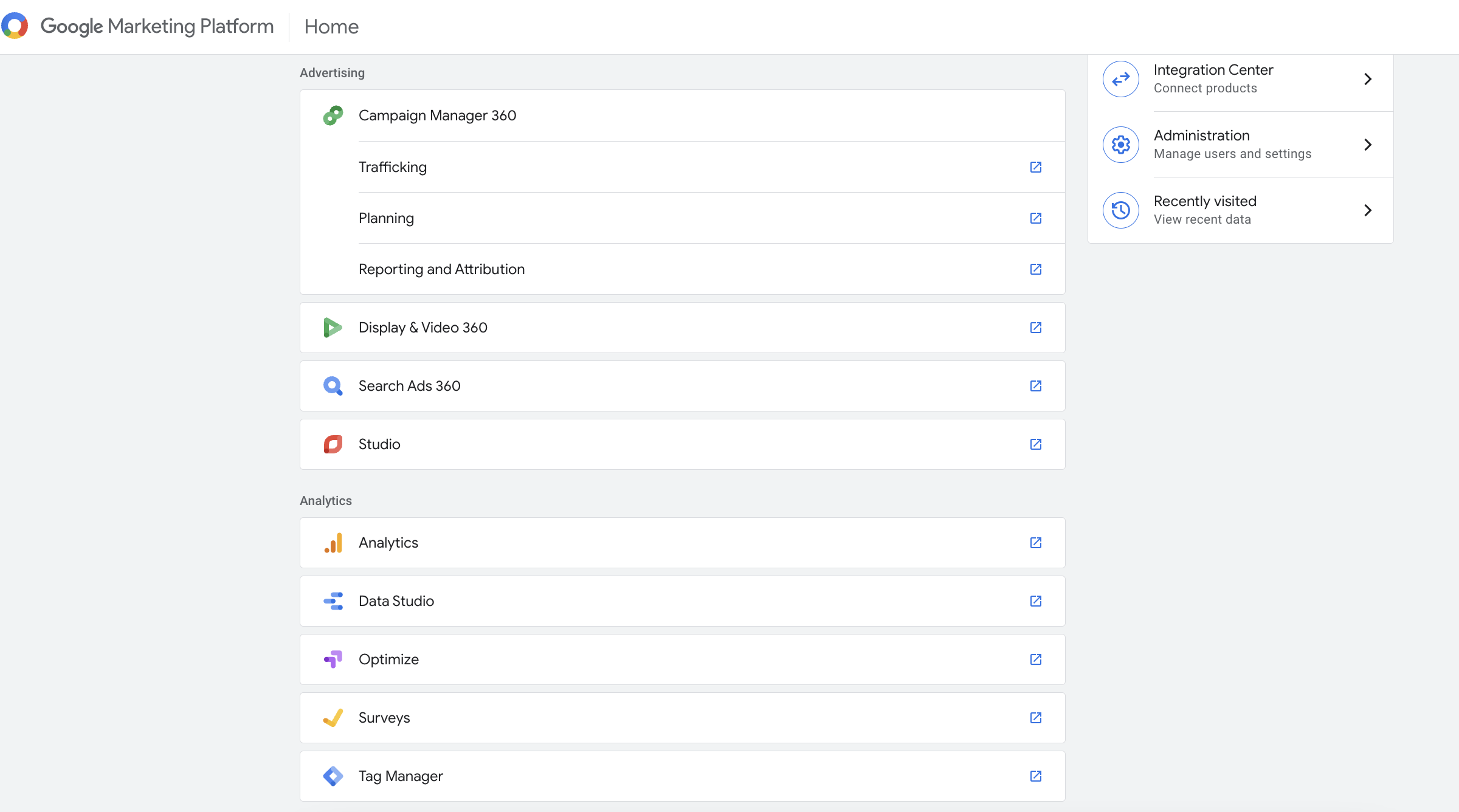 Screenshot of Google Marketing Platform suite of free advertising and analytics tools
