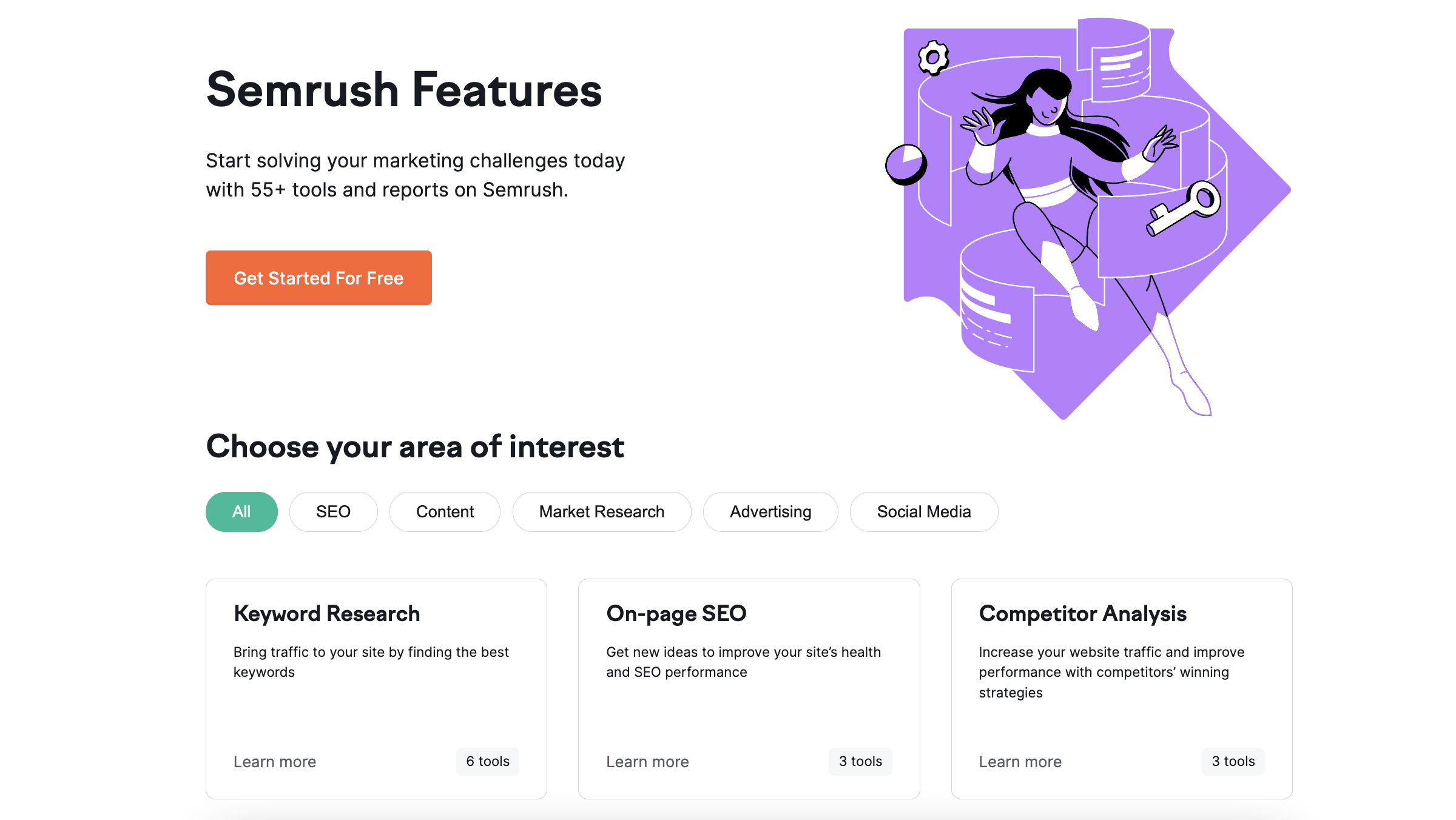 Screenshot of Semrush features page with free tools sorted by SEO, content, market research, advertising, and social media