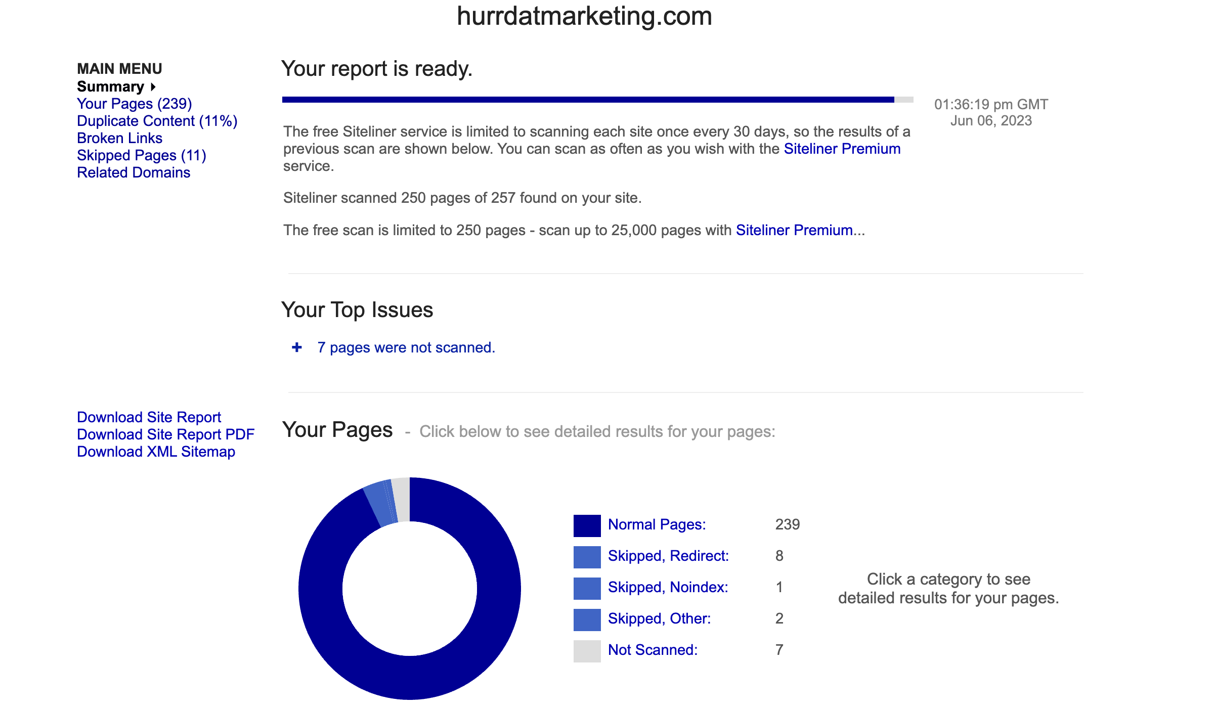 Screenshot of hurrdatmarketing.com crawl results on Siteliner