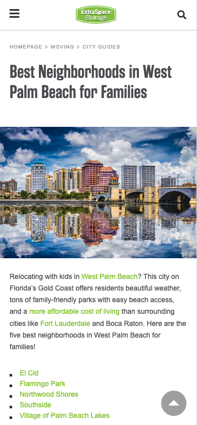 Screenshot of amp version of Best Neighborhoods in West Palm Beach for Families blog post on Extra Space Storage 