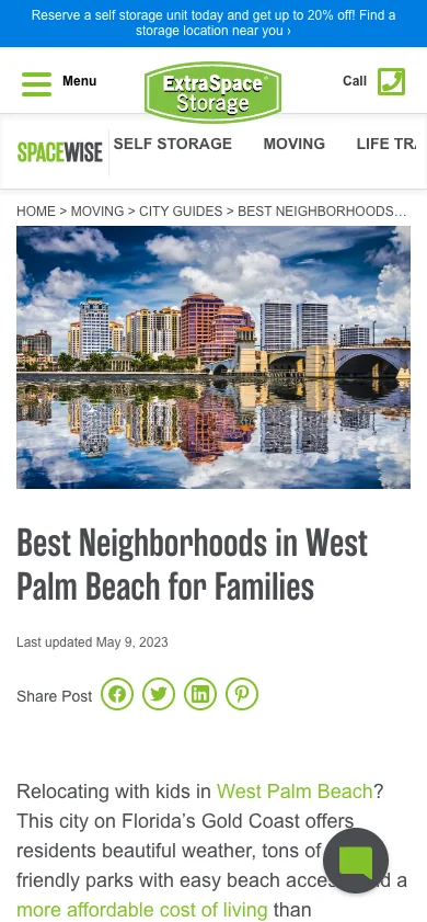 Screenshot of non-amp version of Best Neighborhoods in West Palm Beach for Families blog post on Extra Space Storage 