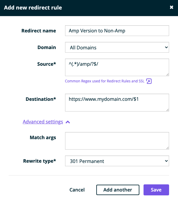 Screenshot of add new redirect rule page with fields like redirect name, domain, source destination, and rewrite type filled out